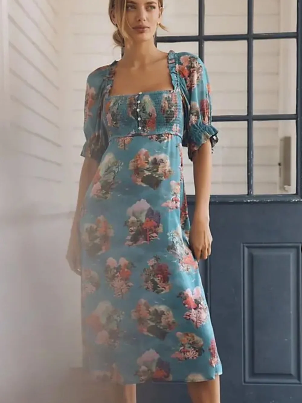 Anthropologie puff sleeve smocked midi dress size Small - Picture 1 of 11
